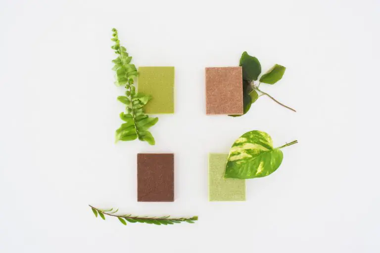 Four rectangular soap bars in green and brown shades are arranged on a white background, each paired with green leaves or fern fronds, evoking natural or botanical ingredients—much like how Rockwool nurtures plants with organic inspiration.