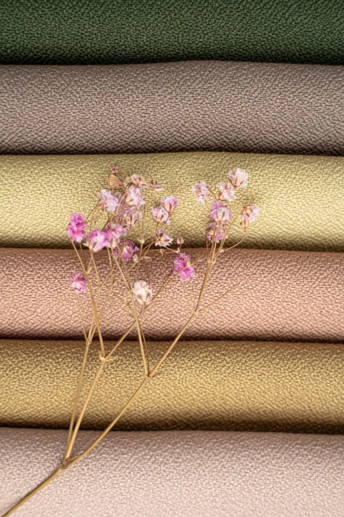 A sprig of small pink flowers lies on top of stacked, textured fabric in muted green, beige, taupe, and gold—discover the best materials for acoustic panels and how they optimize sound absorption for various spaces.