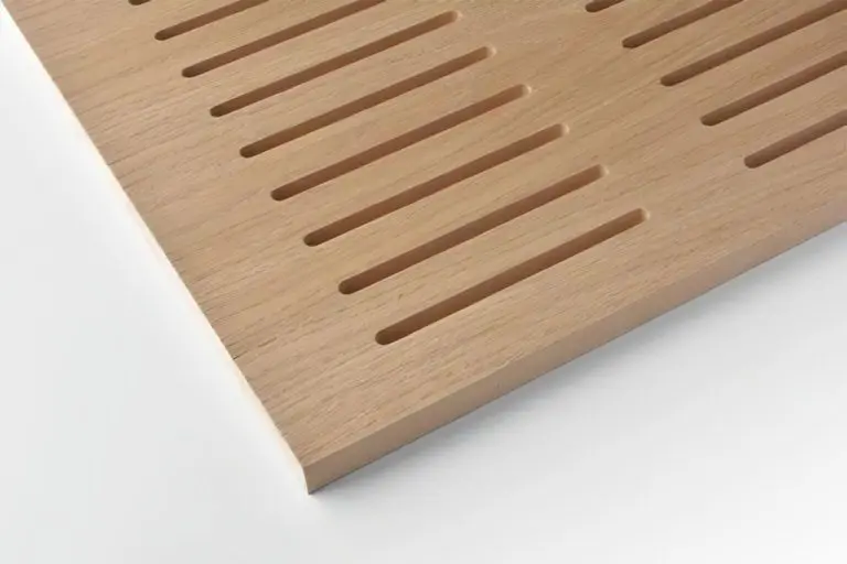 A light Timberix Acoustic Panel Product with evenly spaced, elongated rectangular slots arranged in parallel rows, shown on a white surface.