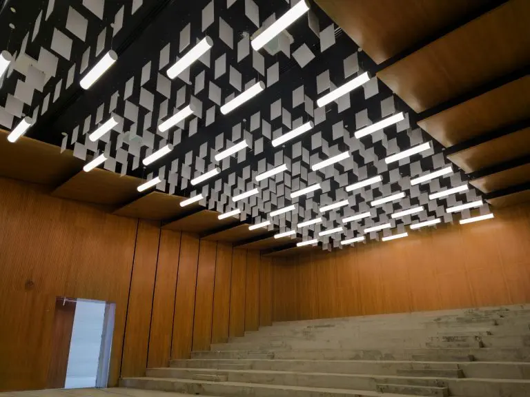 A modern auditorium with wooden walls, tiered concrete seating, and a unique ceiling design featuring suspended rectangular panels and rows of fluorescent lights showcases Timberix Office Acoustic Solutions. An open door is visible on the left side.