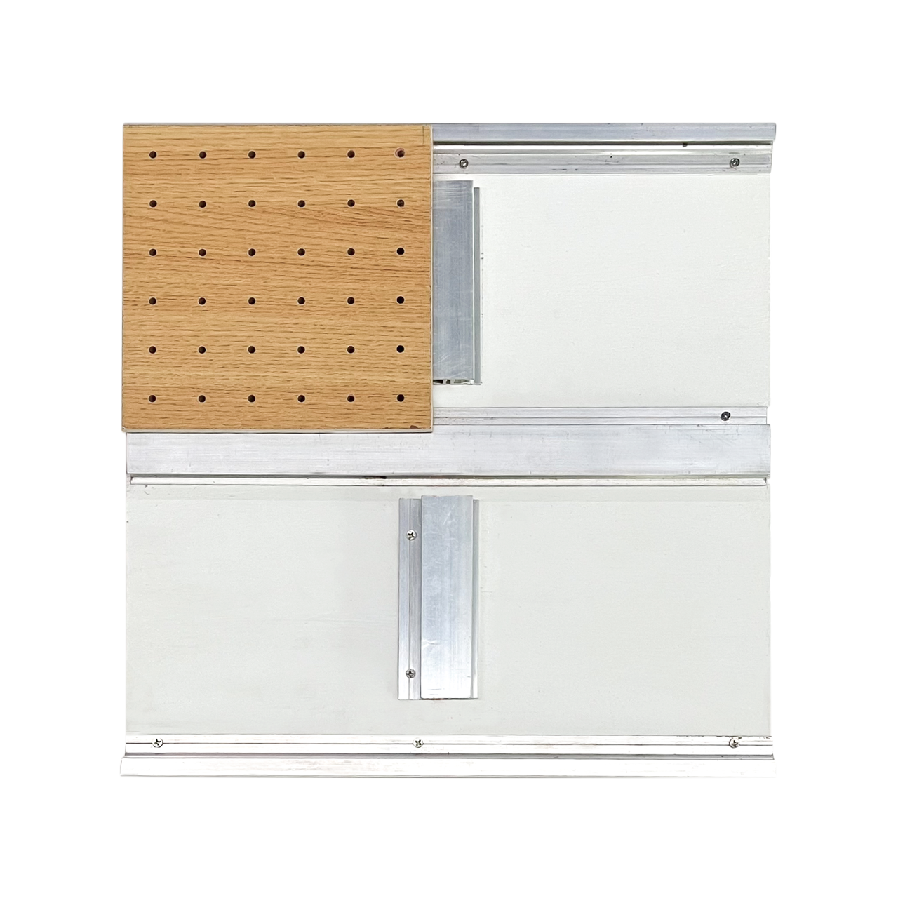 A rectangular object with a white surface, featuring metal rails and brackets. The upper left section showcases micro perforated wood panels with evenly spaced holes, contrasting with the smooth white and metallic surfaces.