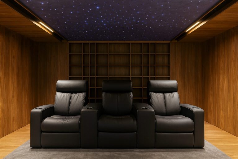 Three black leather recliners face empty wooden shelves in a home theater room featuring wood-paneled walls, starry night lighting on the ceiling, and expert sound design for theatres with acoustic timber panels.