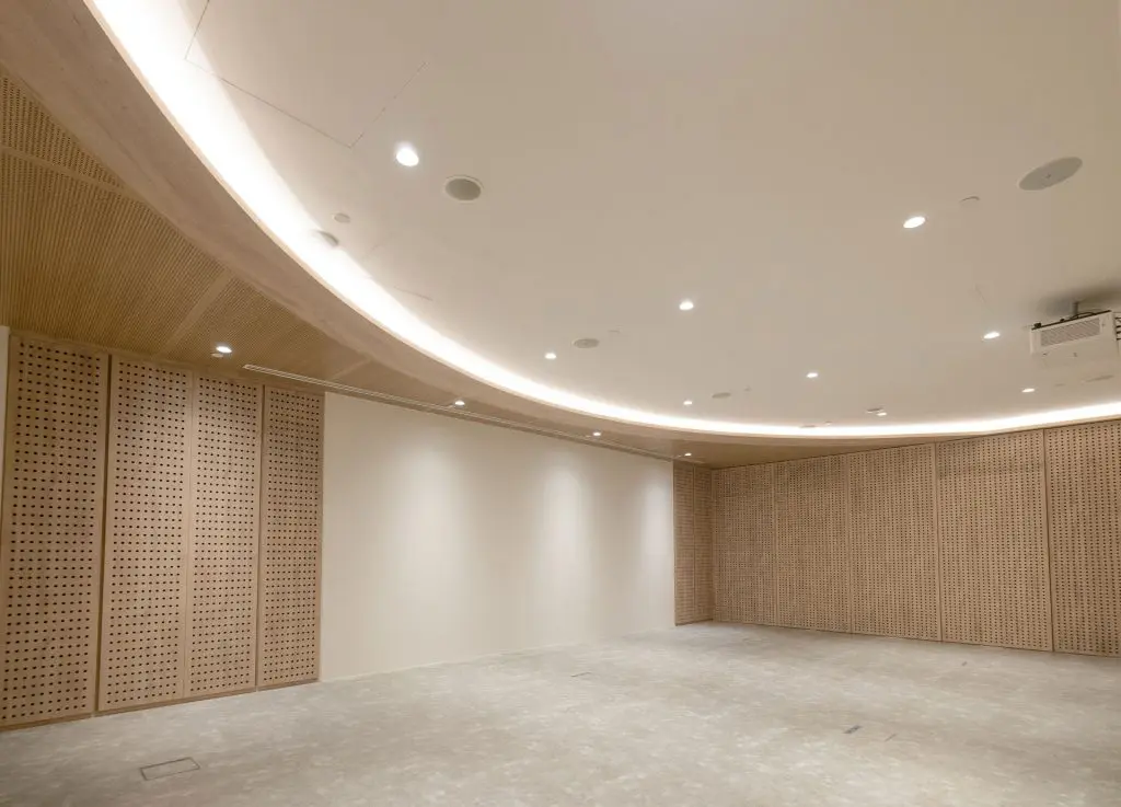 A spacious, empty room with light wooden acoustic paneling on the walls, a curved ceiling with recessed lighting, and a smooth gray floor. The atmosphere is modern and minimalistic.