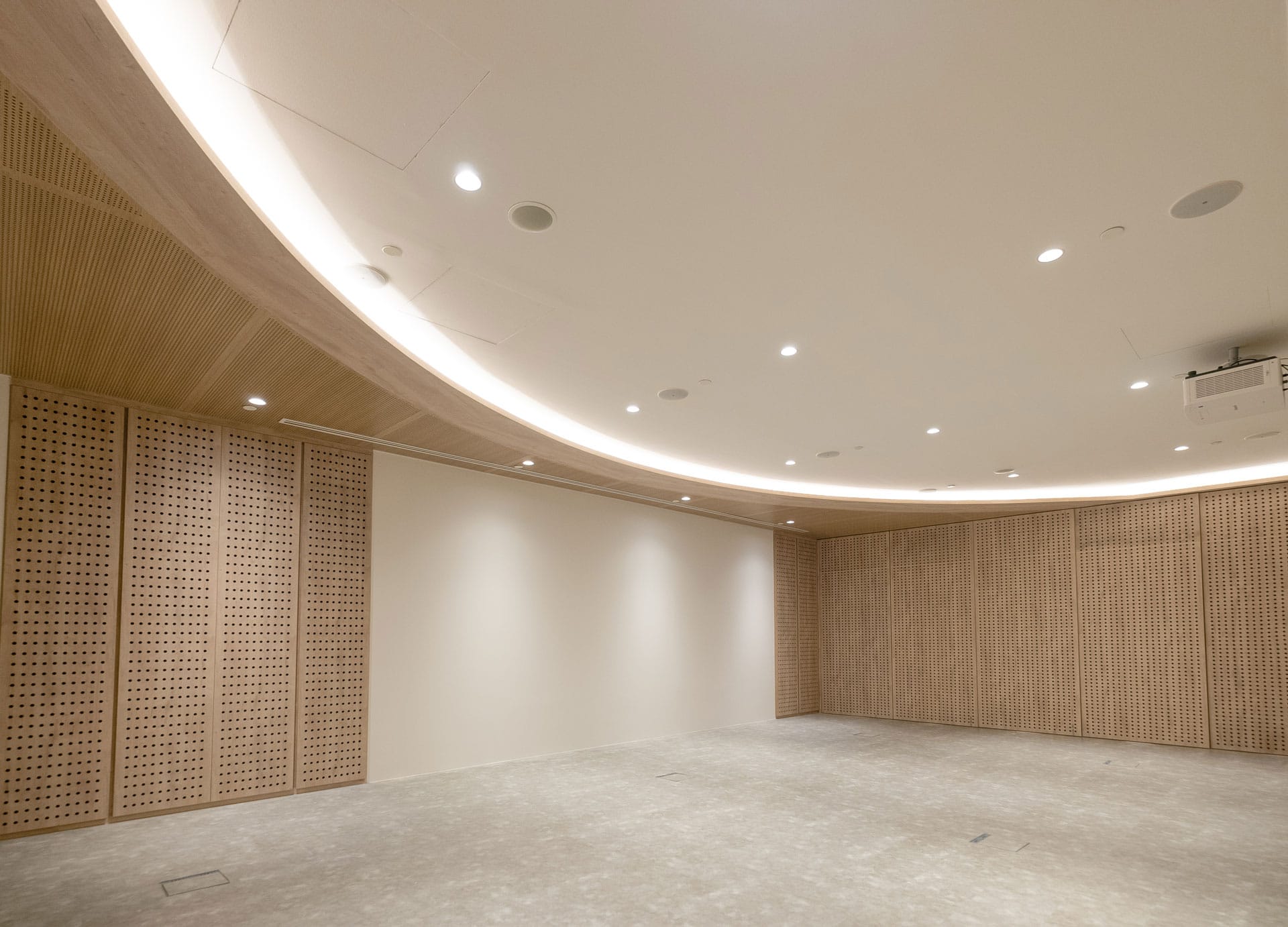 A spacious, empty room with light wooden acoustic paneling on the walls, a curved ceiling with recessed lighting, and a smooth gray floor. The atmosphere is modern and minimalistic.