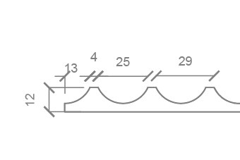 Line drawing of a cross-section with scalloped curves, labeled dimensions: 12 high, 13 wide for the first section, then 4, 25, and 29 for subsequent sections along the length.