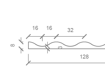 A technical drawing shows a side view of a rectangular object, 128 units long and 8 units tall, with a wavy top edge. Marked horizontal segments are 16, 16, and 32 units long; vertical is 8 units.