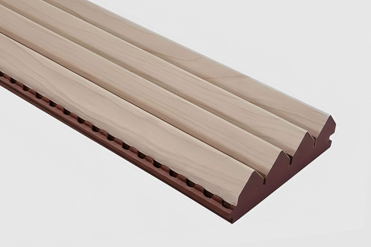 A piece of molding or architectural trim, crafted with a light wood grain top and dark brown grooved base, ideal for Timberix Panels for versatile applications, displayed on a plain white background.